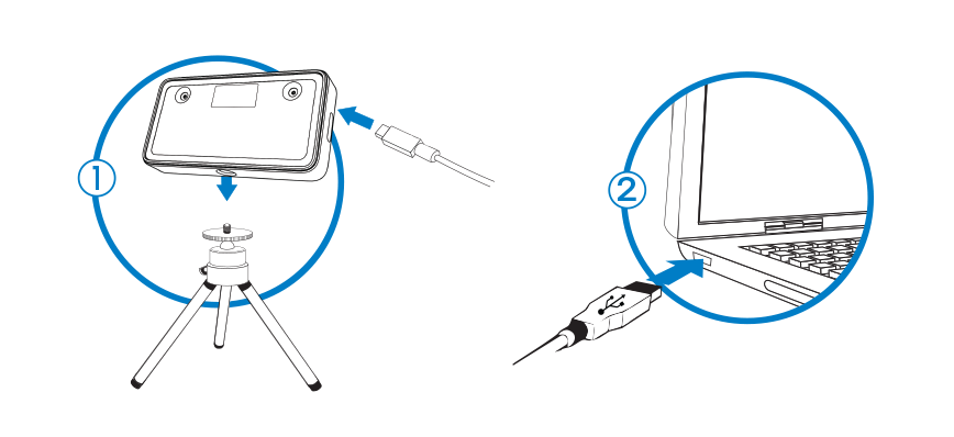 Connecting-1 Illustration showing the F455 camera being connected to a laptop with USB C cable